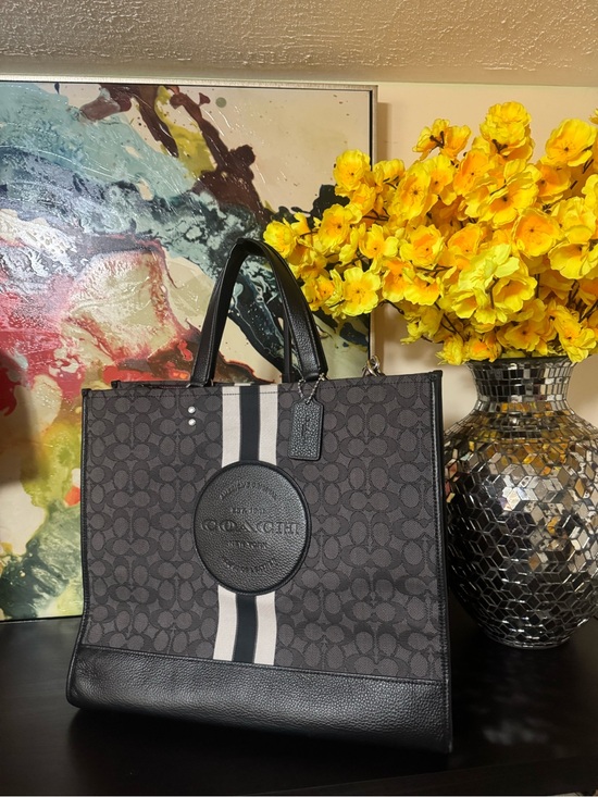 Coach Handbags - Coach Black and Charcoal Signature jacquard Dempsey Tote 40
